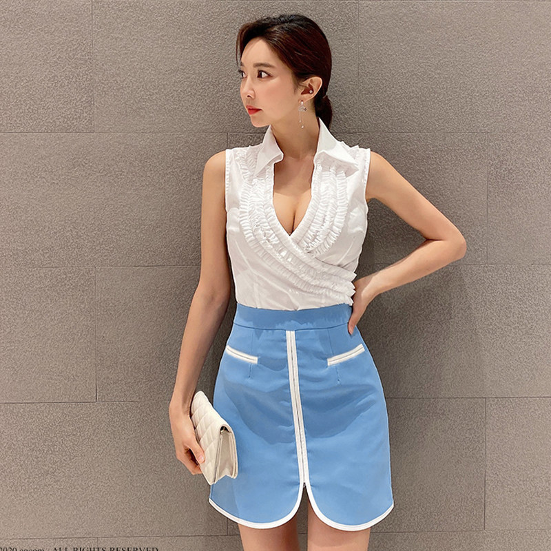 Sleeveless shirt mixed colors skirt 2pcs set for women