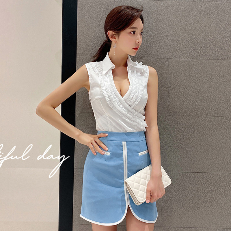 Sleeveless shirt mixed colors skirt 2pcs set for women