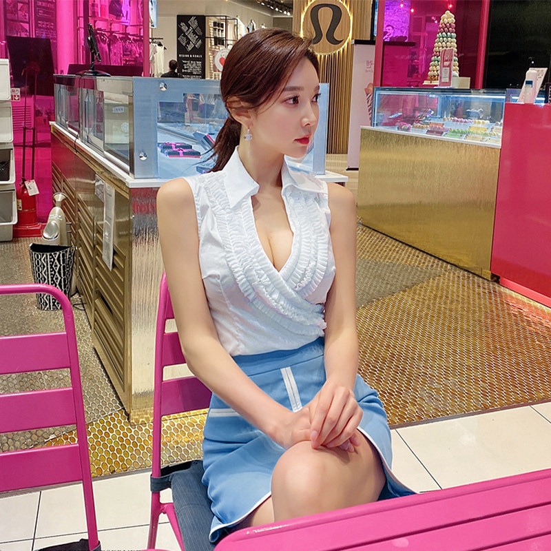 Sleeveless shirt mixed colors skirt 2pcs set for women