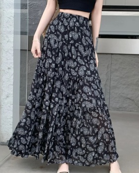 Casual elastic waist France style floral retro skirt