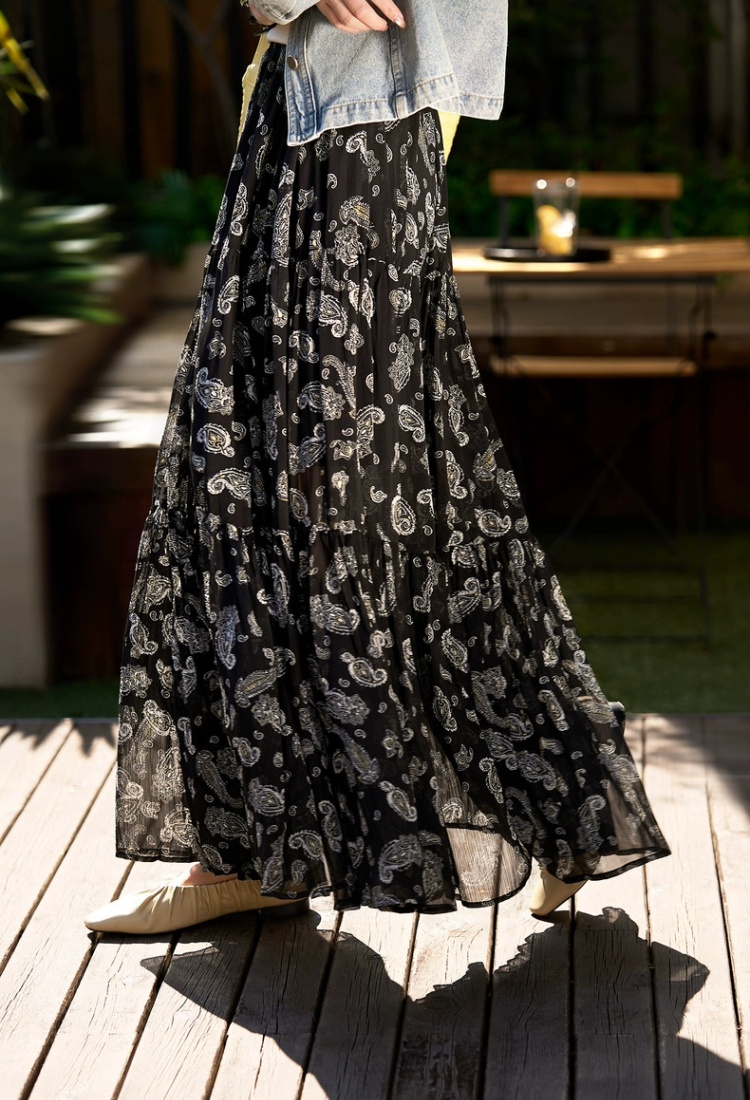 Casual elastic waist France style floral retro skirt