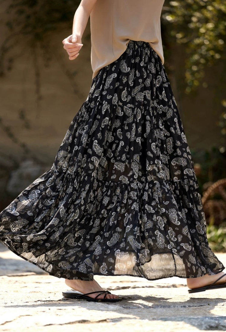 Casual elastic waist France style floral retro skirt