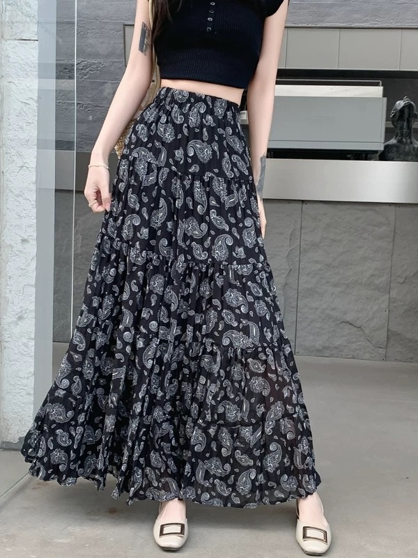 Casual elastic waist France style floral retro skirt