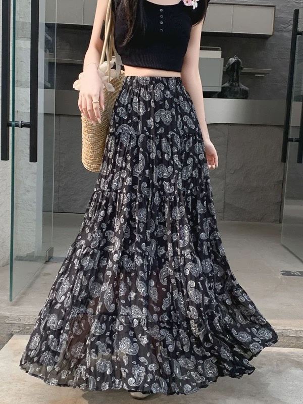 Casual elastic waist France style floral retro skirt