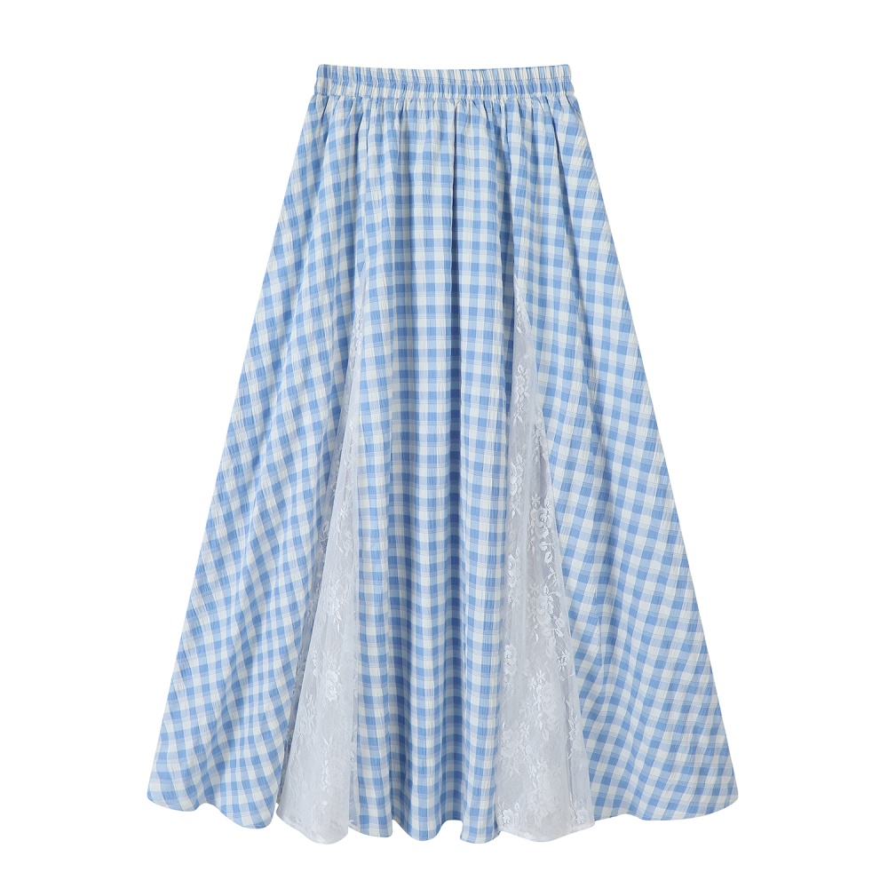 Lace splice blue grid skirt