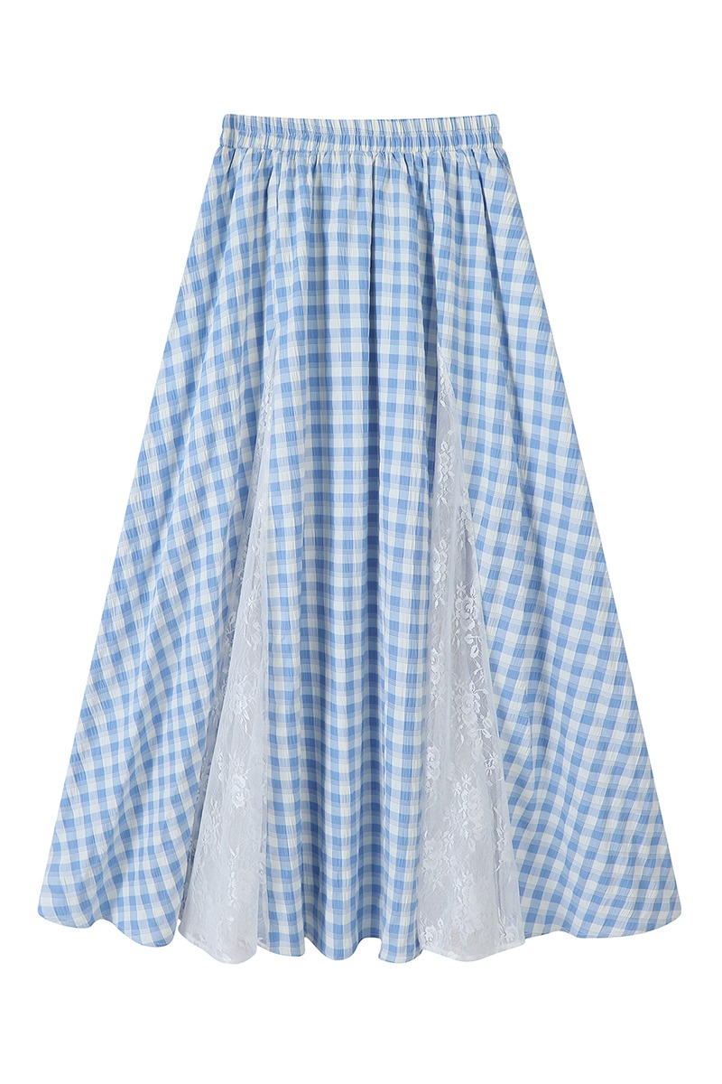 Lace splice blue grid skirt