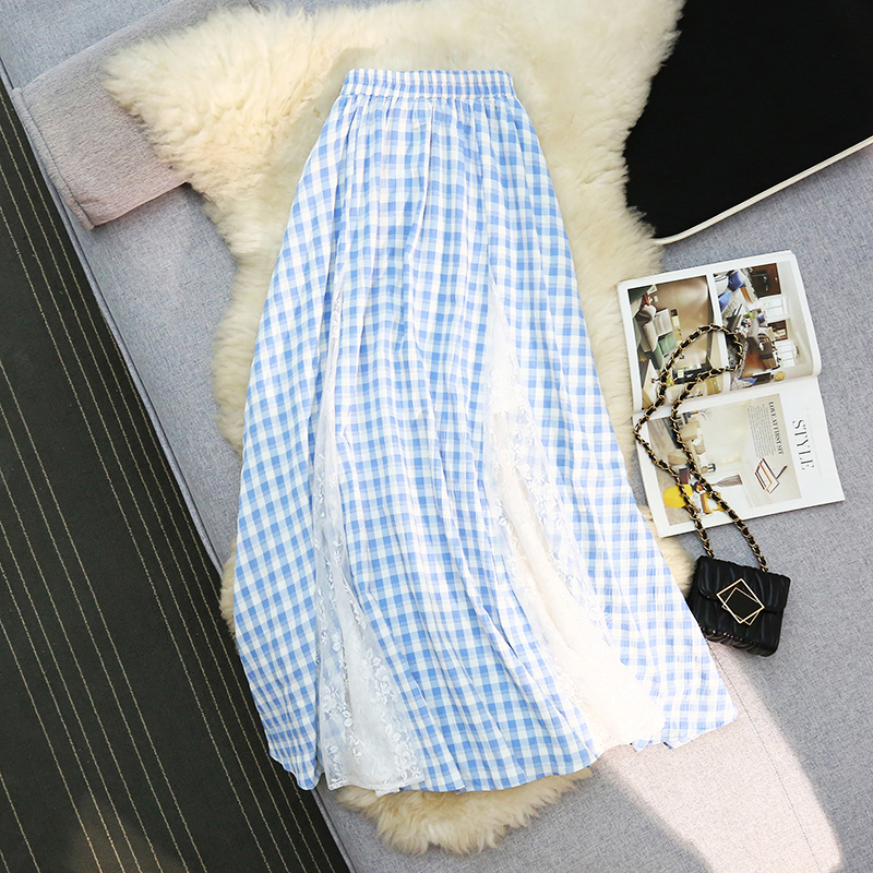 Lace blue grid splice skirt