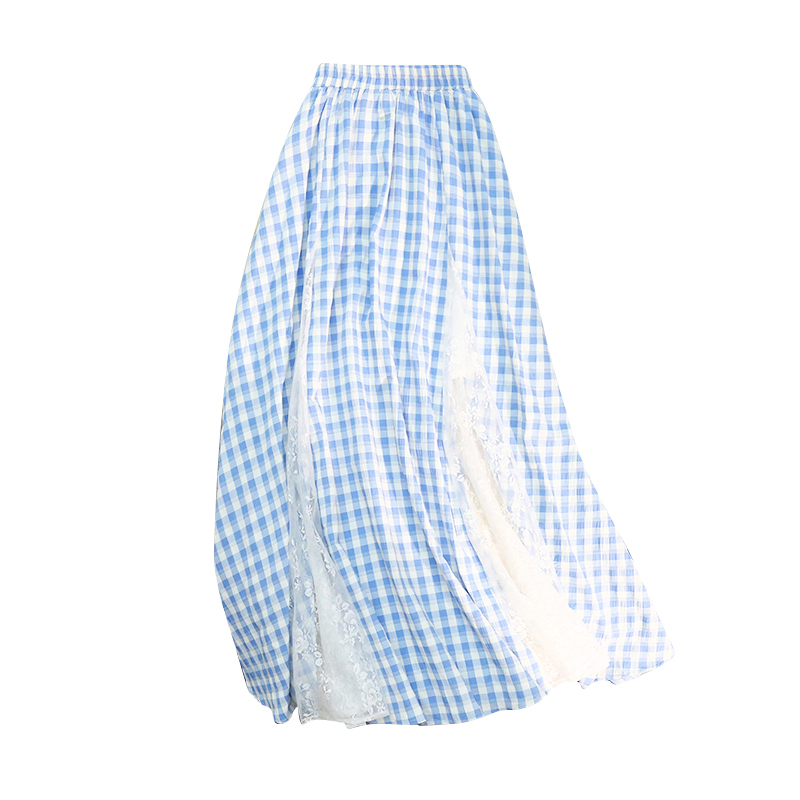 Lace blue grid splice skirt