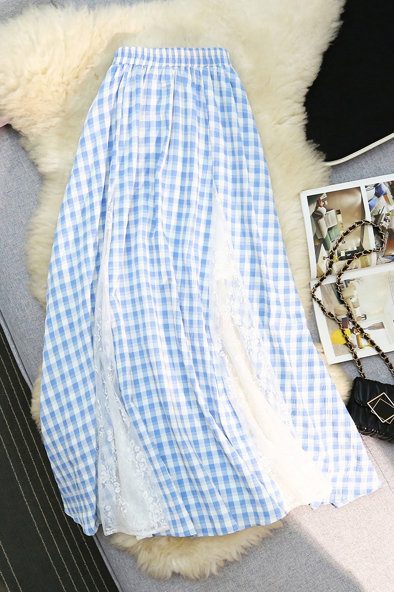 Lace blue grid splice skirt