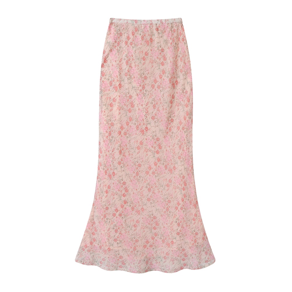 Mermaid pink long floral high waist skirt
