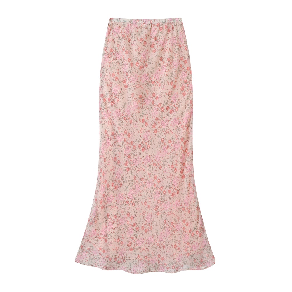 Mermaid pink long floral high waist skirt