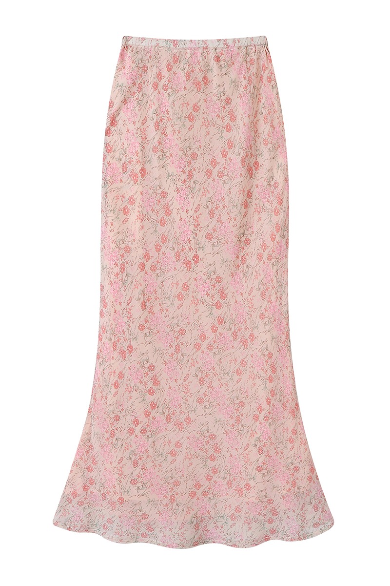 Mermaid pink long floral high waist skirt