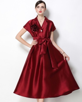 A-line flowers dress pinched waist satin formal dress