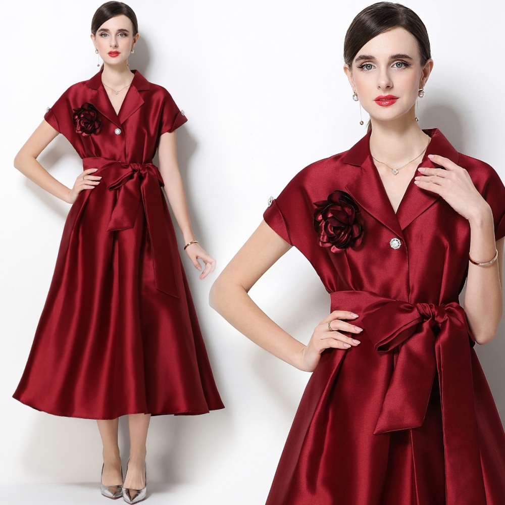 A-line flowers dress pinched waist satin formal dress