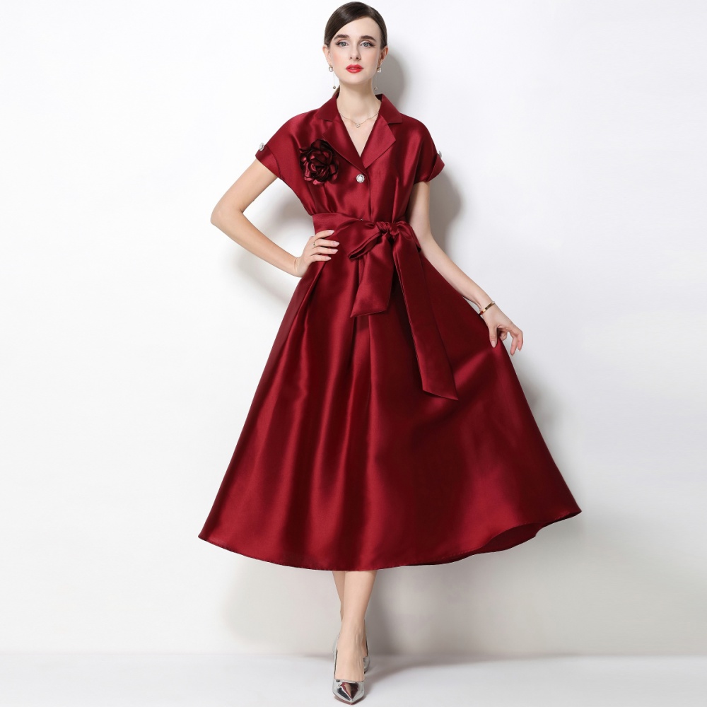 A-line flowers dress pinched waist satin formal dress