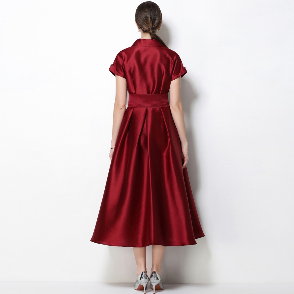 A-line flowers dress pinched waist satin formal dress