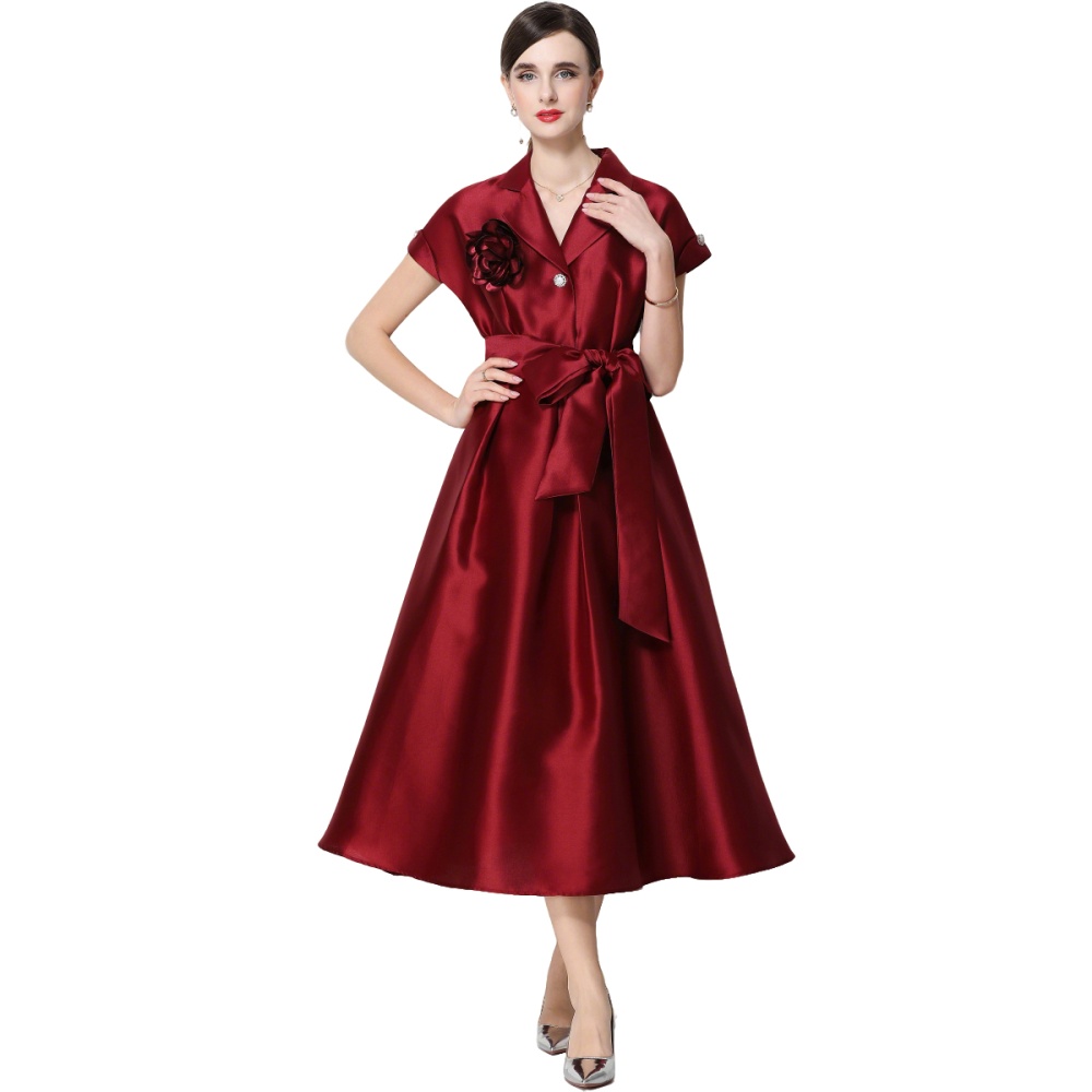 A-line flowers dress pinched waist satin formal dress