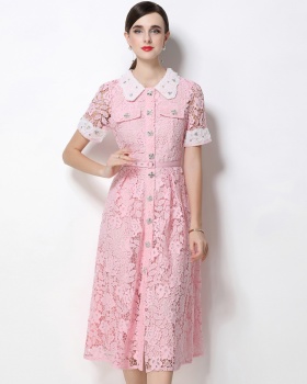 With belt short sleeve pinched waist A-line dress for women
