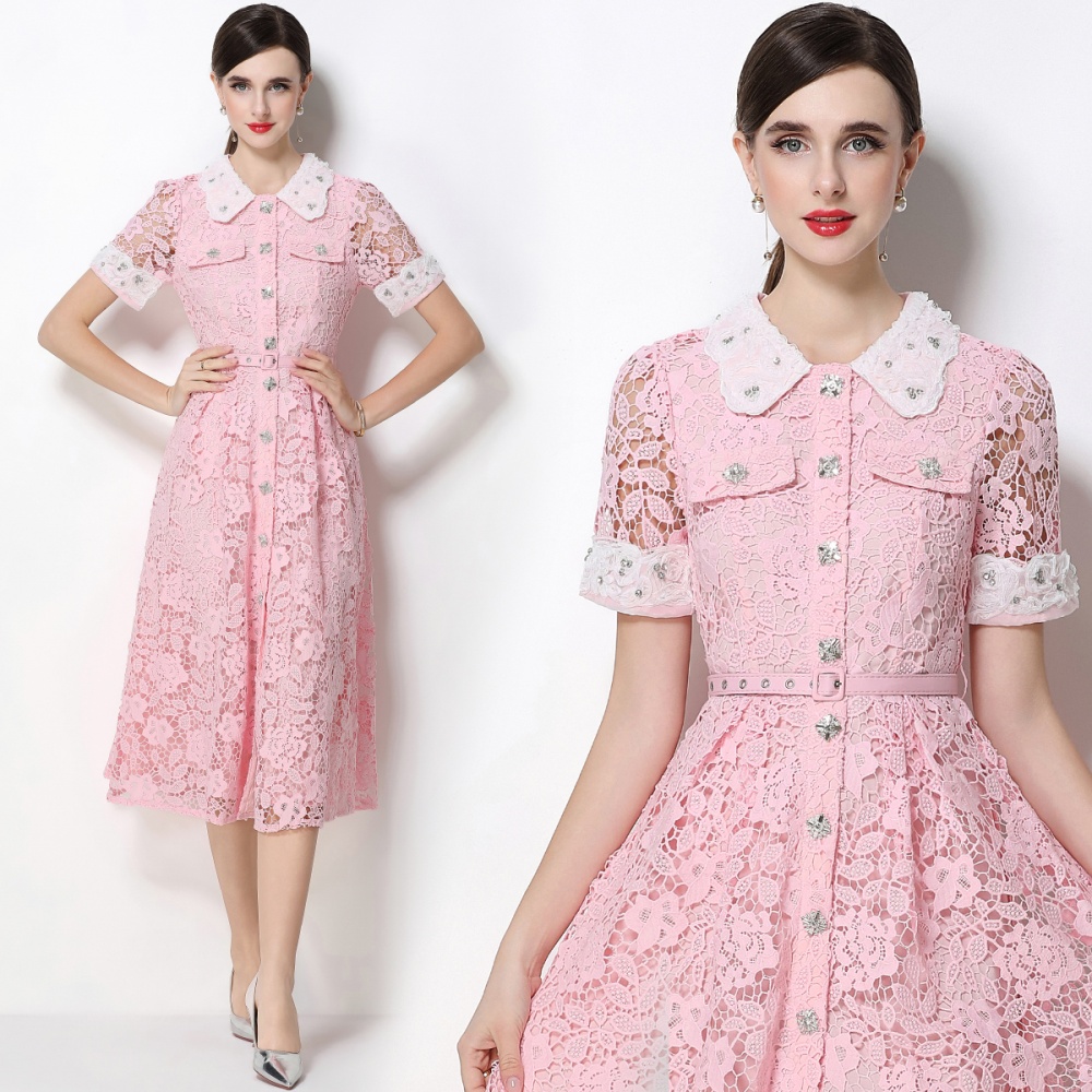 With belt short sleeve pinched waist A-line dress for women