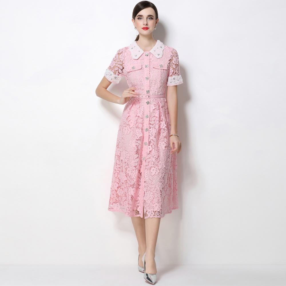 With belt short sleeve pinched waist A-line dress for women