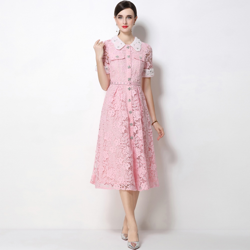 With belt short sleeve pinched waist A-line dress for women