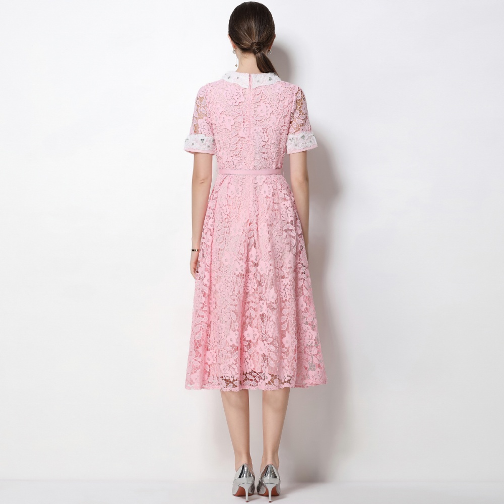 With belt short sleeve pinched waist A-line dress for women