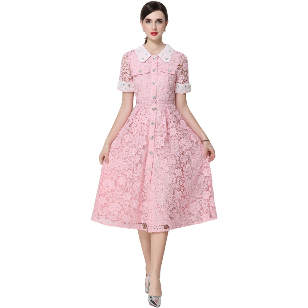 With belt short sleeve pinched waist A-line dress for women