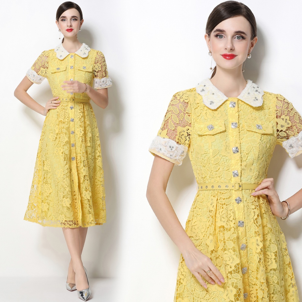 Doll collar lace France style high waist dress