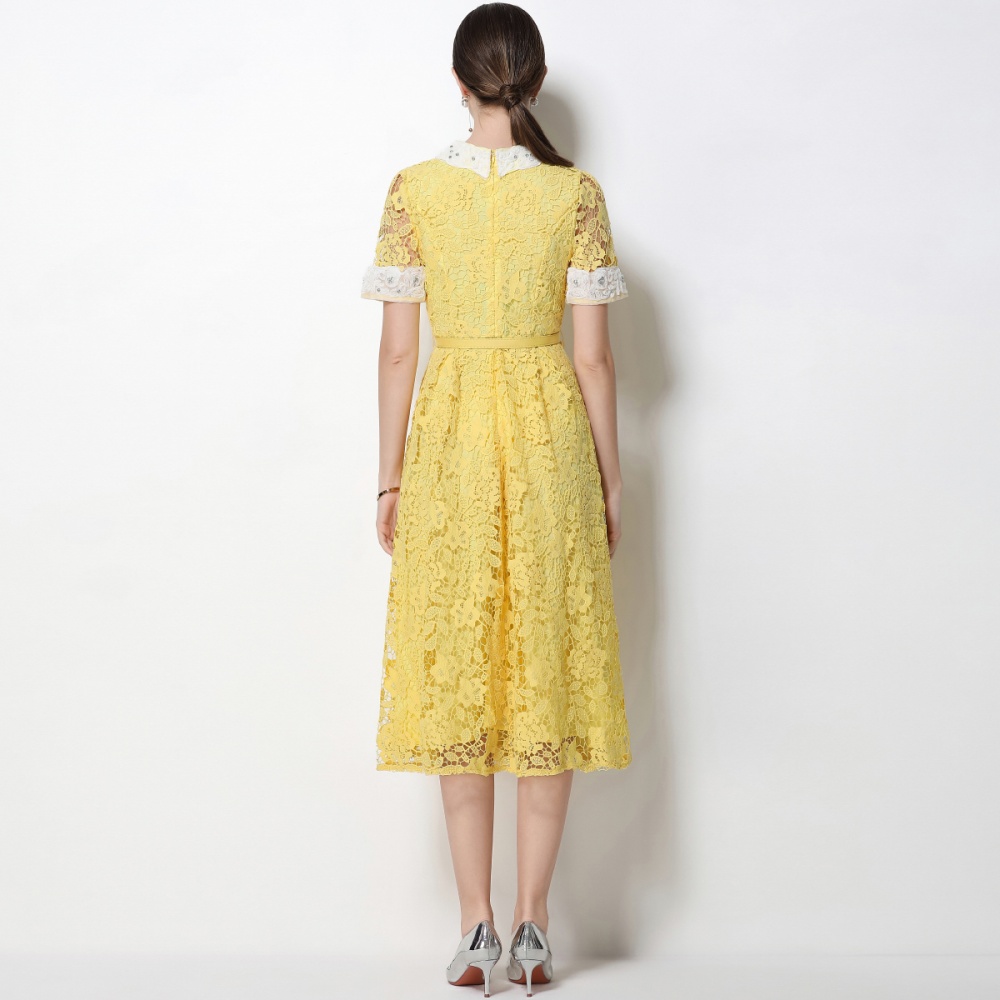 Doll collar lace France style high waist dress