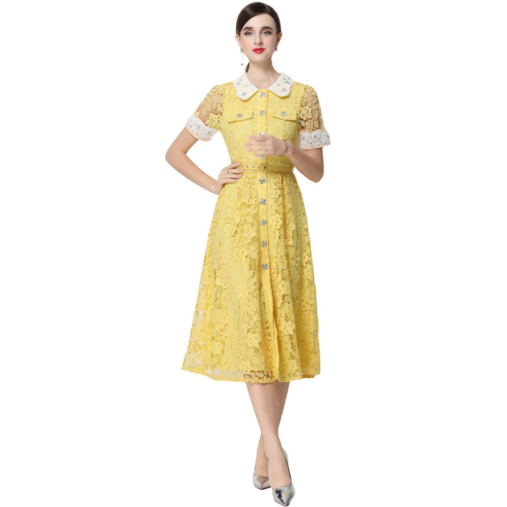 Doll collar lace France style high waist dress