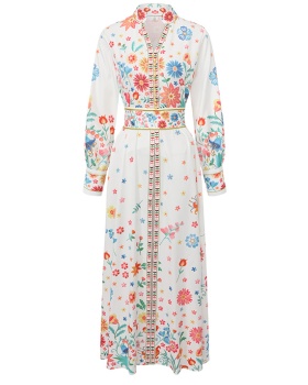 Lantern sleeve retro V-neck single-breasted dress