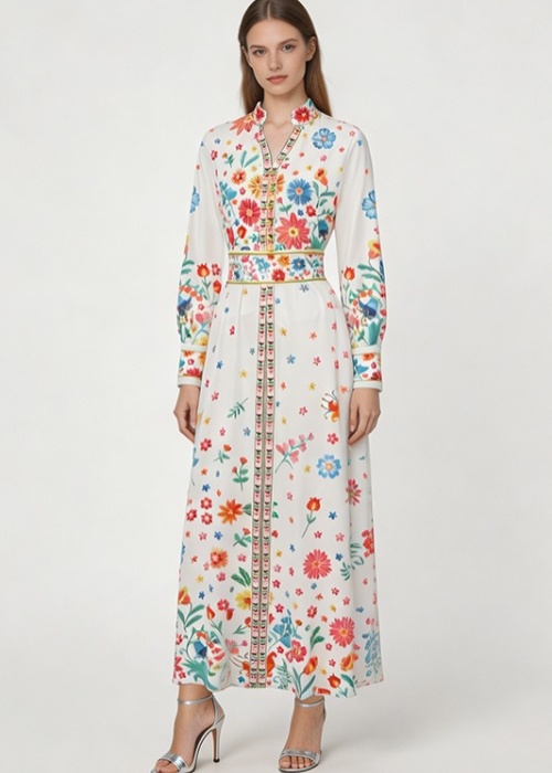 Lantern sleeve retro V-neck single-breasted dress