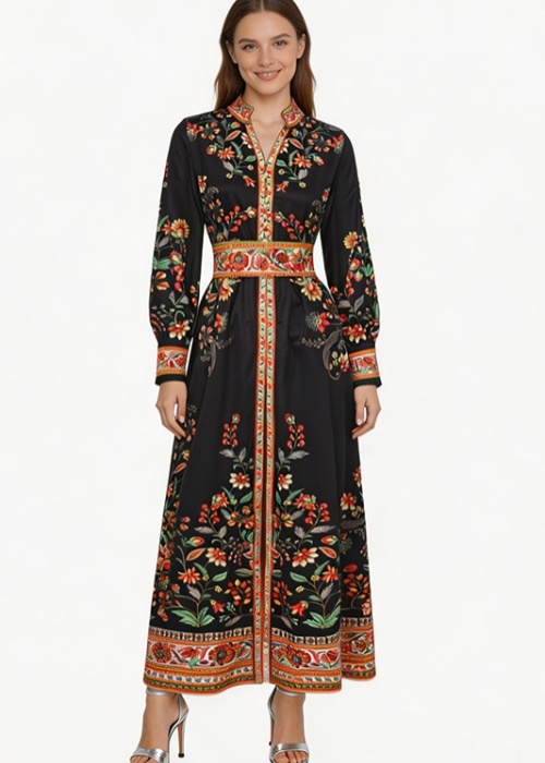 Retro long spring and summer single-breasted dress