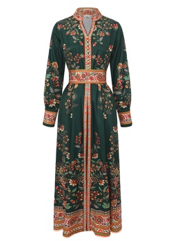 Spring and summer retro single-breasted V-neck long dress