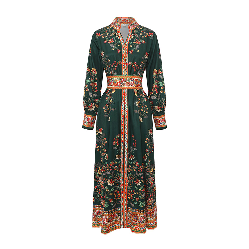 Spring and summer retro single-breasted V-neck long dress