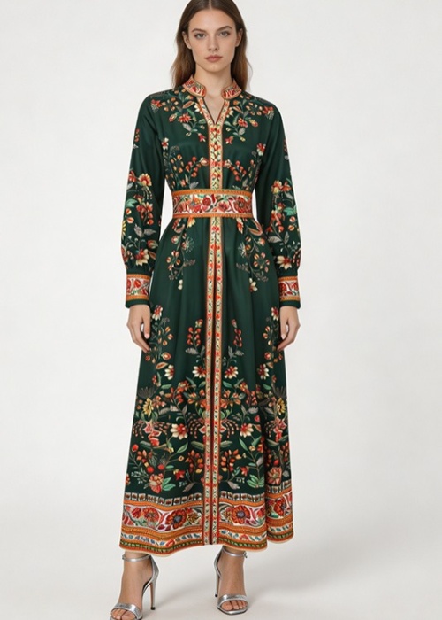 Spring and summer retro single-breasted V-neck long dress