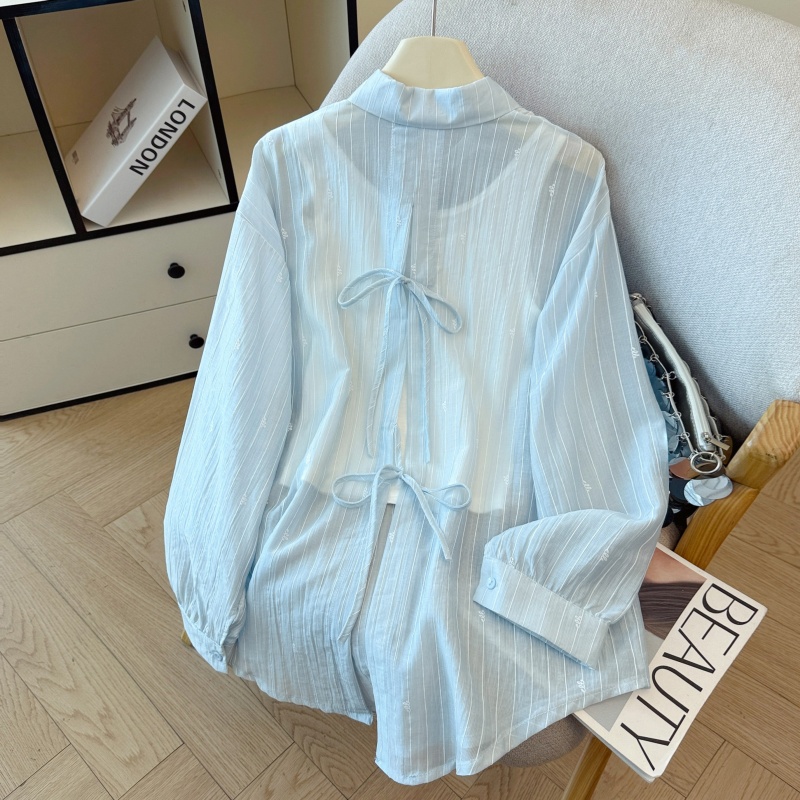 Sunscreen loose stripe shirt lapel lazy tops for women
