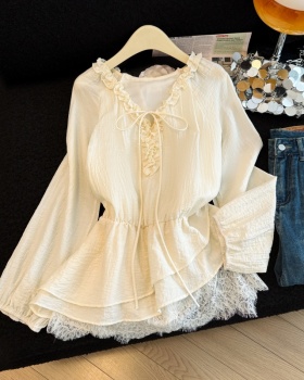 Frenum France style tops lotus leaf edges tender shirt for women