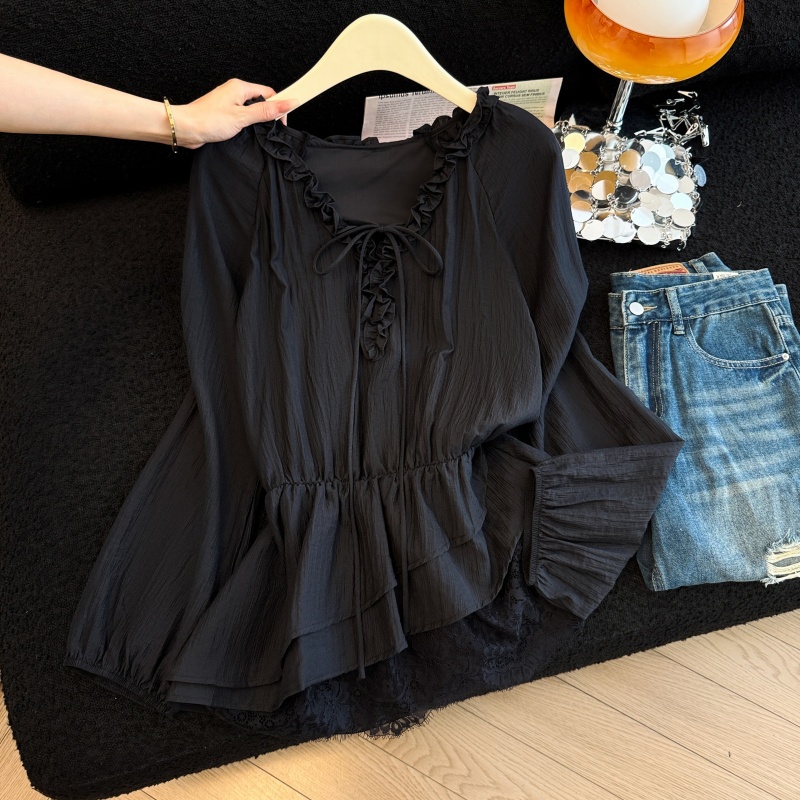 Frenum France style tops lotus leaf edges tender shirt for women