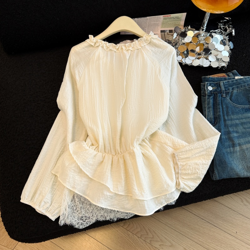 Frenum France style tops lotus leaf edges tender shirt for women