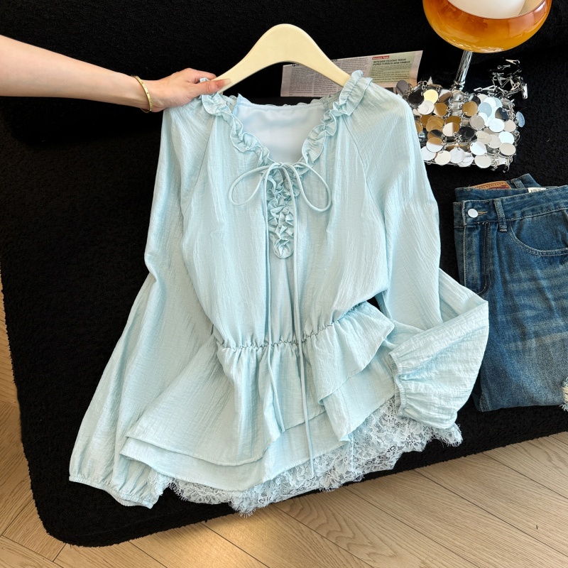 Frenum France style tops lotus leaf edges tender shirt for women