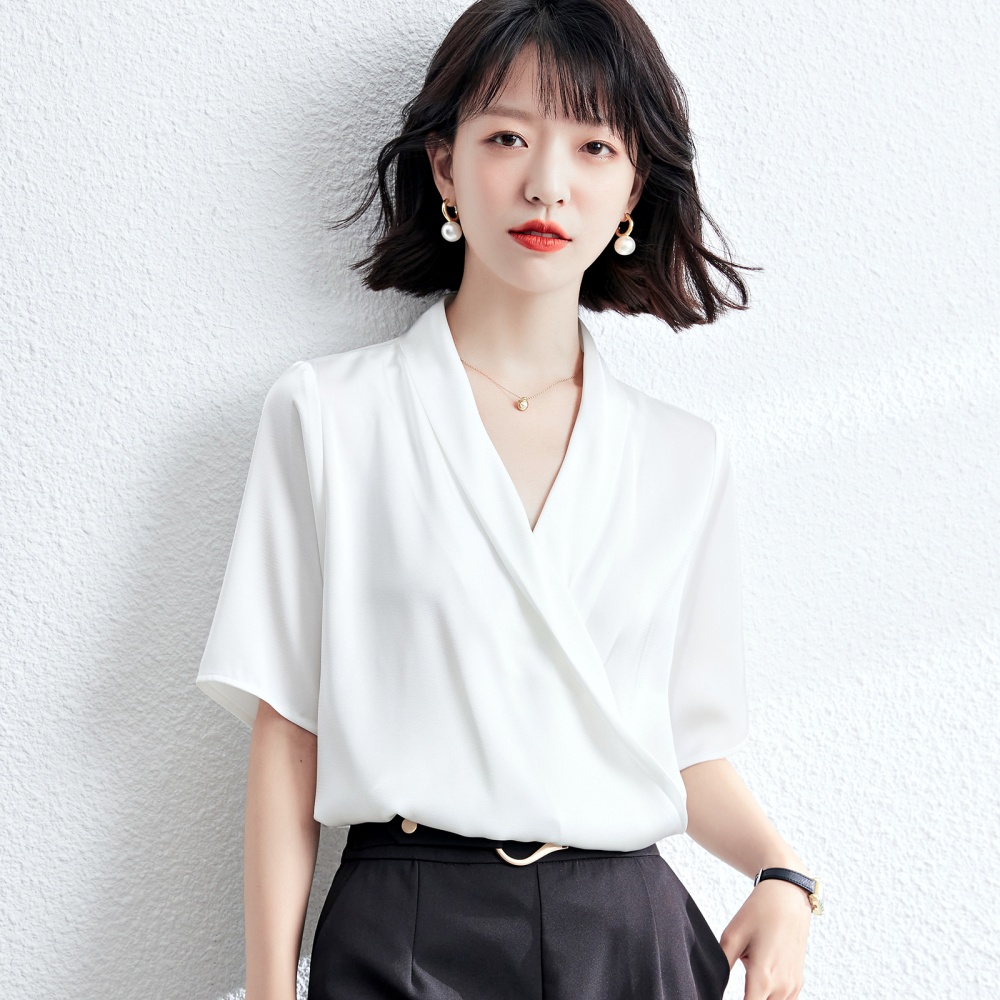 Loose V-neck white tops summer France style shirt