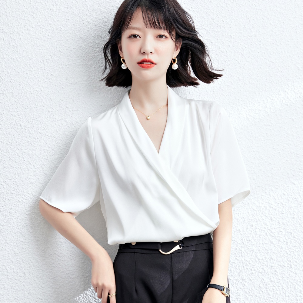 Loose V-neck white tops summer France style shirt