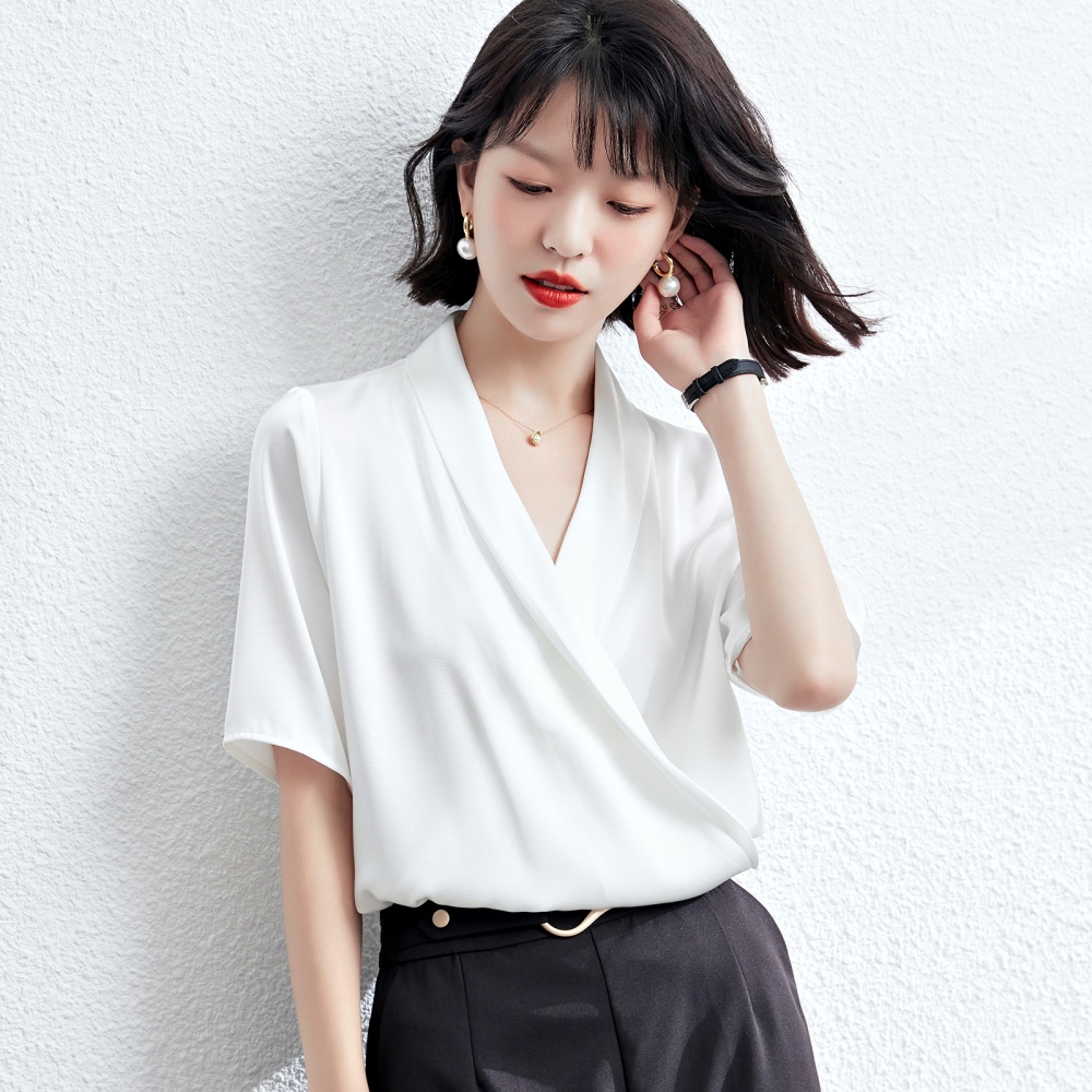 Loose V-neck white tops summer France style shirt