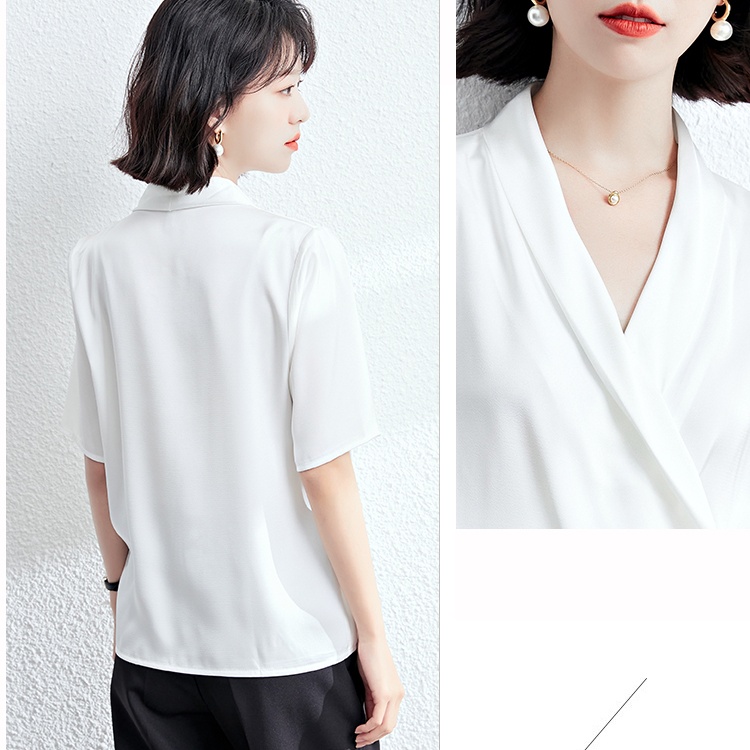 Loose V-neck white tops summer France style shirt