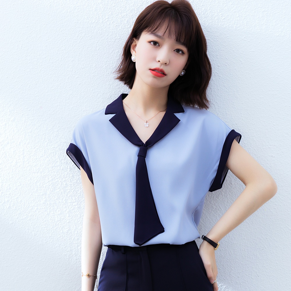 Navy collar summer tops short sleeve shirt for women