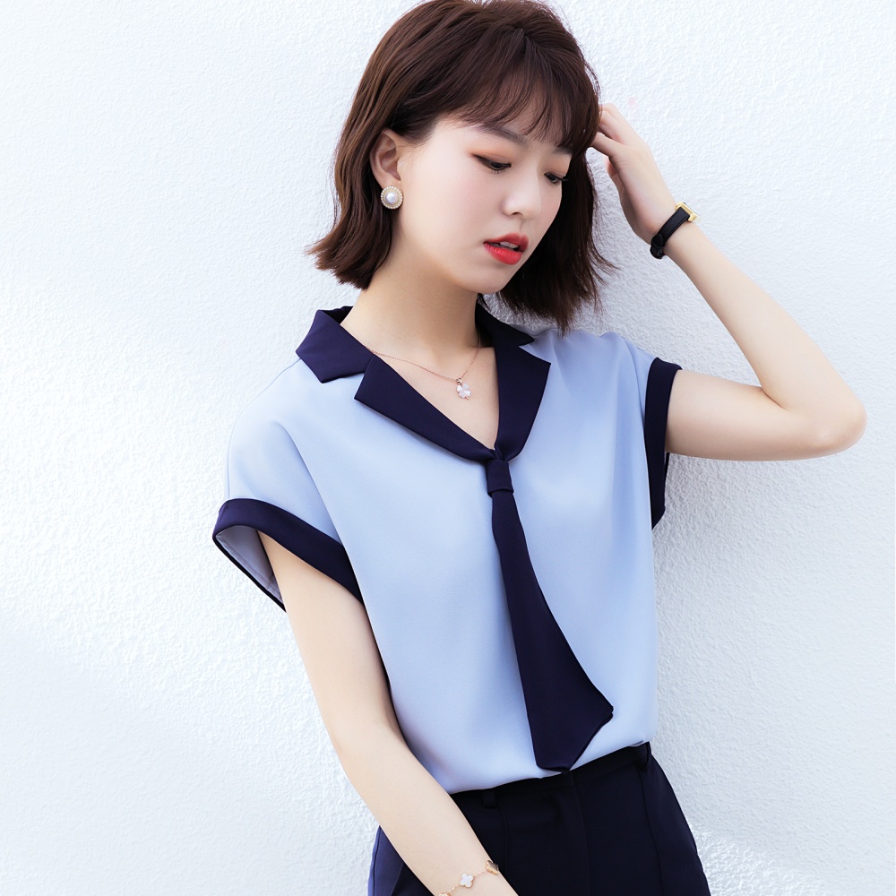 Navy collar summer tops short sleeve shirt for women