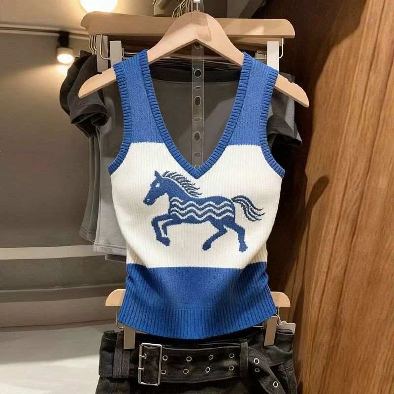 V-neck pattern sweater pony vest for women