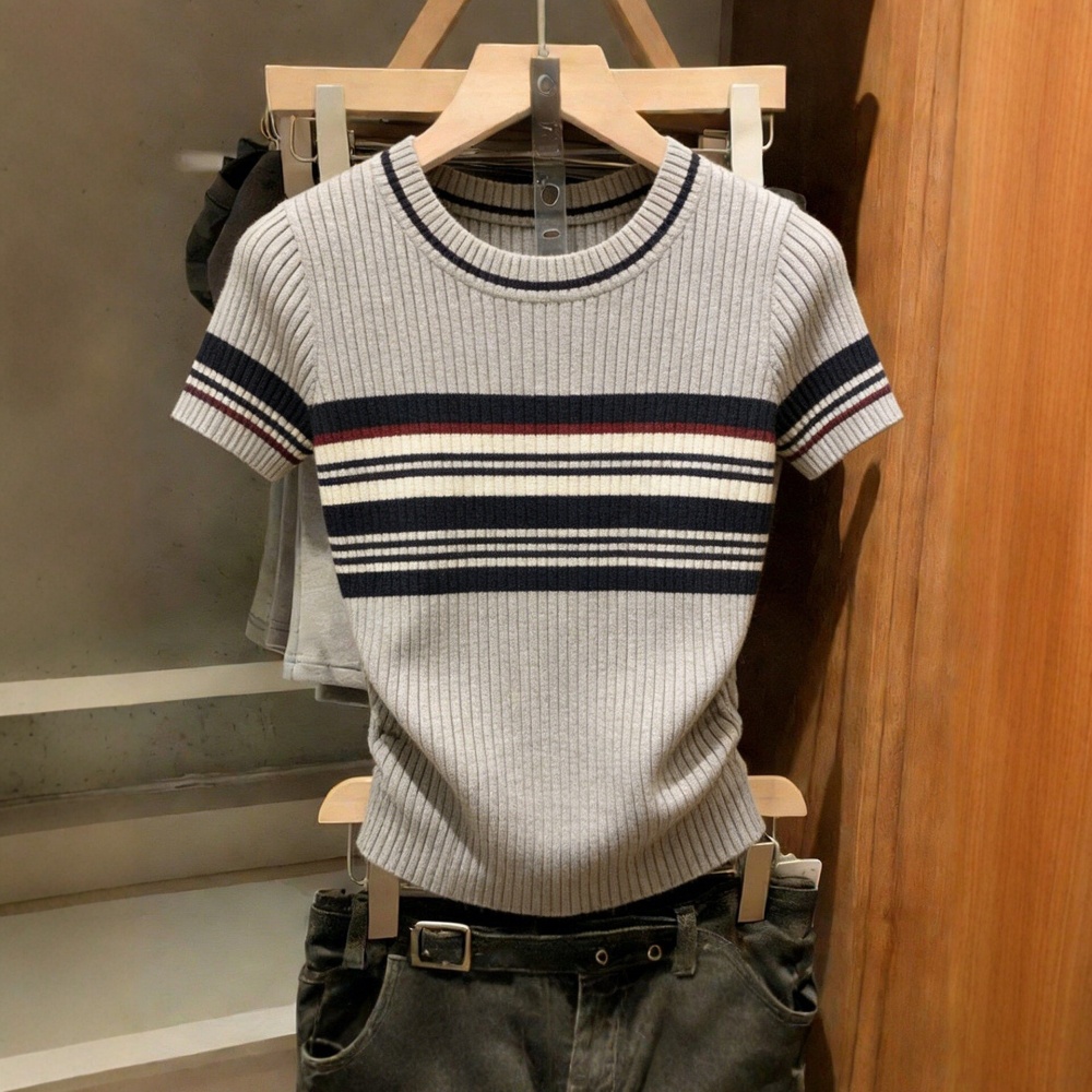 Mixed colors short sleeve knitted round neck tops for women