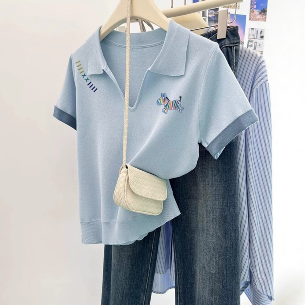 Pony European style blue spring and summer T-shirt for women